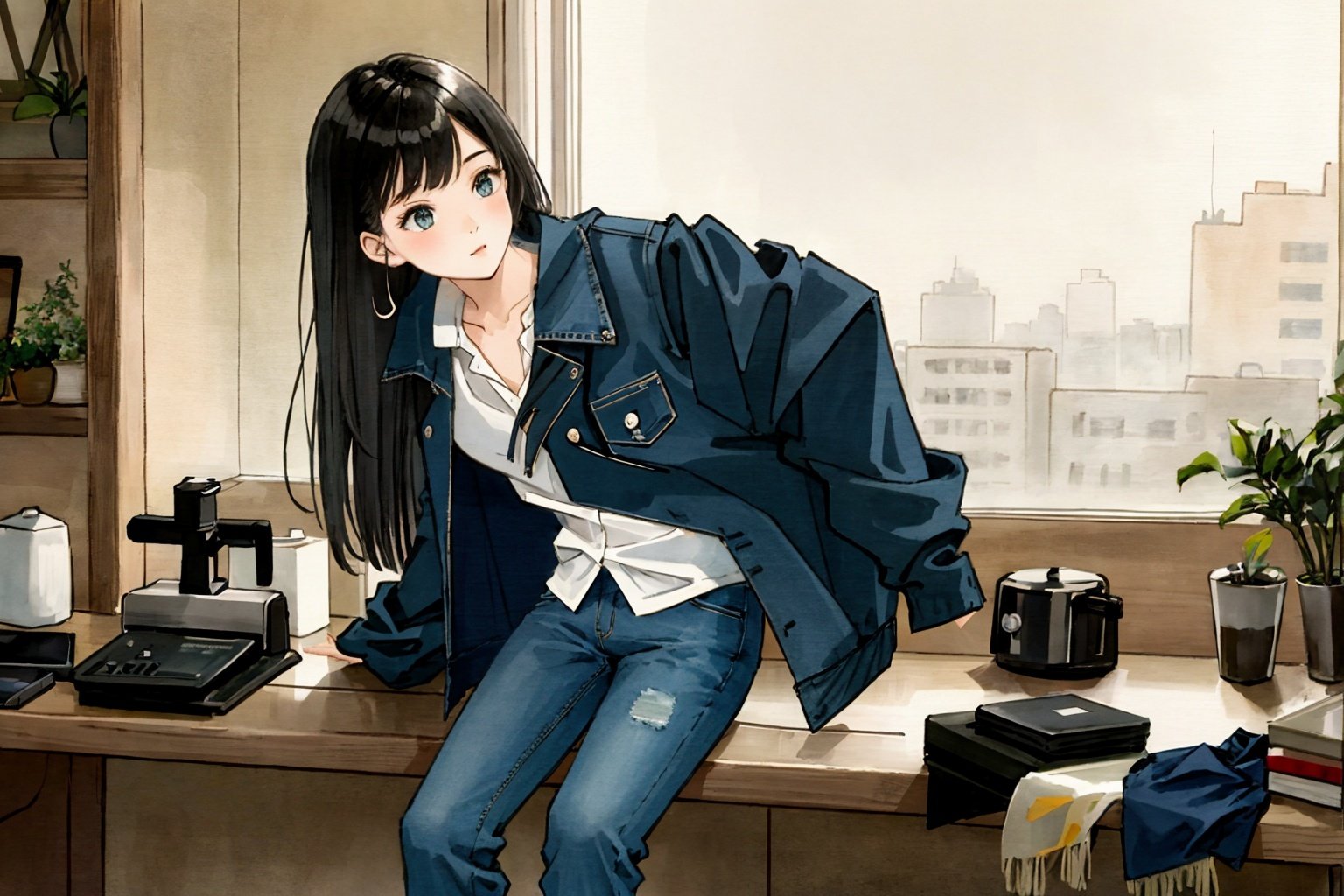 1girl,jacket,  indoors, jeans, 