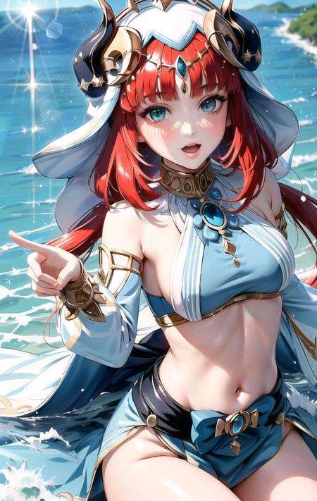 nilou \(genshin impact\), (open mouth, dancing, cowboy shot:1.2),1girl, bangs, blush, breasts, bridal gauntlets, cape, detached sleeves, horns, jewelry, navel, parted lips, revealing clothes, sitting, solo, thighs(masterpiece, best quality, ultra-detailed), (beautiful detailed face, beautiful detailed eyes),mksks style, beautiful background, (beautiful sea, holographic interface, lens flare, chromatic aberration:1.2),