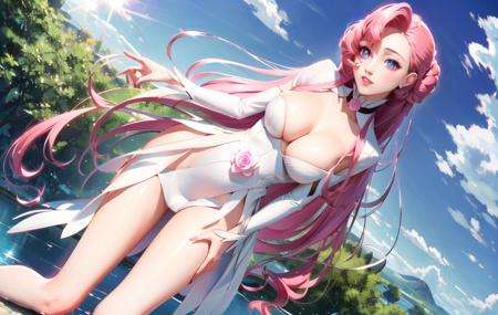 euphemia li britannia, (dutch angle:1.2), (nsfw, nude:1.1), full body, 1girl, blush, breasts, cleavage, solo, white dress, pink rose, (masterpiece, best quality, ultra-detailed), (beautiful detailed face, beautiful detailed eyes),mksks style, beautiful background, ( beautiful outdoors, holographic interface, lens flare, chromatic aberration:1.2),