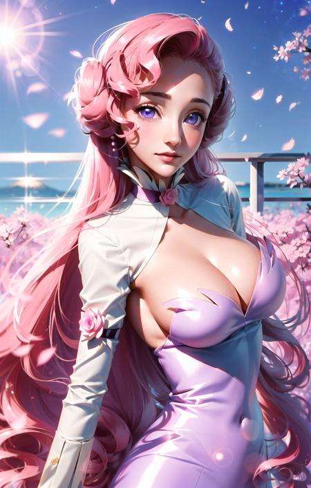 euphemia li britannia, (cowboy shot:1.2),1girl, blush, breasts, cleavage, dress, flower, hand on own chest, pink flower, pink rose, solo(masterpiece, best quality, ultra-detailed), (beautiful detailed face, beautiful detailed eyes),mksks style, beautiful background, ( beautiful outdoors, holographic interface, lens flare, chromatic aberration:1.2),