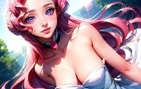 euphemia li britannia, (dutch angle:1.2), (nsfw, nude, pussy:1.1), 1girl, blush, breasts, cleavage, solo, white dress, pink rose, (masterpiece, best quality, ultra-detailed), (beautiful detailed face, beautiful detailed eyes),mksks style, beautiful background, ( beautiful outdoors, holographic interface, lens flare, chromatic aberration:1.2),