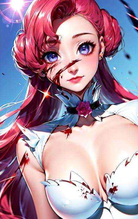 euphemia li britannia, (dutch angle:1.2),(expressionless, blood, torn clothes, blood on face, blood on clothes:1.3),1girl, blush, breasts, cleavage, solo, white dress, pink rose,(masterpiece, best quality, ultra-detailed), (beautiful detailed face, beautiful detailed eyes),mksks style, beautiful background, ( beautiful outdoors, holographic interface, lens flare, chromatic aberration:1.2),