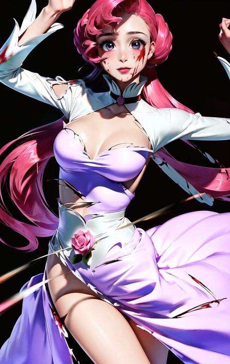 euphemia li britannia, (dutch angle:1.2),(expressionless, blood, torn clothes, torn dress, blood on face, blood on clothes:1.3),1girl, blush, breasts, cleavage, solo, white dress, pink rose, (masterpiece, best quality, ultra-detailed), (beautiful detailed face, beautiful detailed eyes),mksks style, beautiful background,