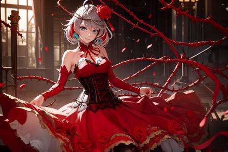 destiny (takt op.), cowboy shot, (1girl, solo), (aqua eyes, eye reflection), (ahoge, colored inner hair, multicolored hair, grey hair, red hair, two-tone hair),neck ribbon, crown of thorns, thorns, (red cape, dress flower), detached sleeves, hair flower, hair ornament, long sleeves, black corset, long skirt, red dress, rose, strapless dress, long skirt, thighhighs, thighlet, red nails, dress flower, black thighhighs, (masterpiece, best quality, ultra-detailed), (realistic:1.4), (beautiful detailed face, beautiful detailed eyes, volumetric lighting),mksks style, beautiful background, orchestra, indoors, 