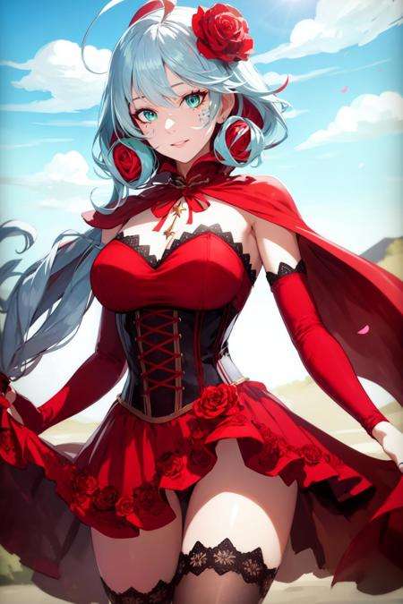 destiny (takt op.), cowboy shot, 1girl, solo,colored inner hair, aqua eyes, yellow eyes,  multicolored hair, grey hair, red hair, two-tone hair, stars facial mark /(symbol/), ahoge, hair vines, (red cape, dress flower), detached sleeves, hair flower, hair ornament, long sleeves, black corset, long skirt, red dress, rose, strapless dress, long skirt, thighhighs, thighlet, red nails, dress flower, black thighhighs, (masterpiece, best quality, ultra-detailed), (realistic:1.4), (beautiful detailed face, beautiful detailed eyes, volumetric lighting),mksks style, beautiful background, orchestra,