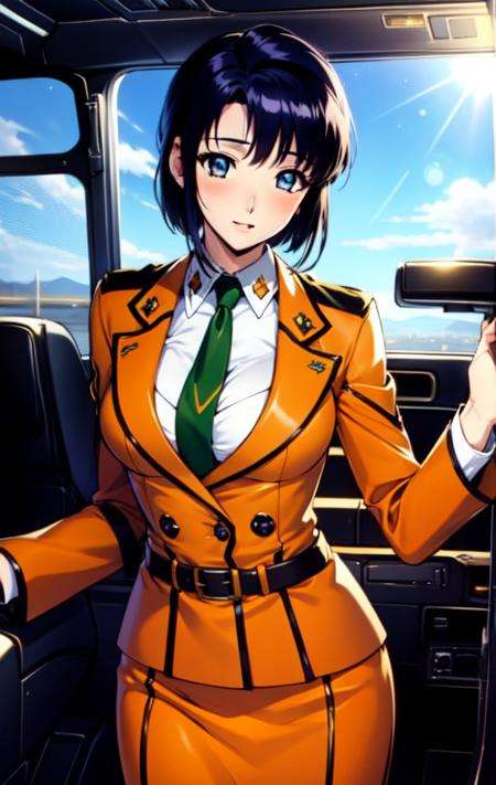 cecile croomy, (cowboy shot:1.2), cleavage,(short hair, sidelocks, ears visible through hair), blush, 1girl, cockpit, brown military uniform, brown pencil skirt, green necktie,(masterpiece, best quality, ultra-detailed), (realistic:1.2), (beautiful detailed face, beautiful detailed eyes, volumetric lighting),mksks style, beautiful background,