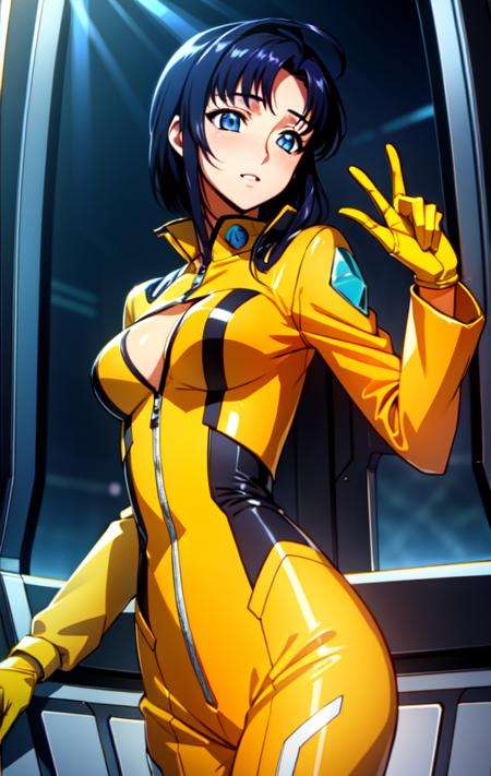 cecile croomy, (cowboy shot:1.2),short hair, blush, grey eyes, 1girl, cockpit, dutch angle, gloves, long sleeves, ((yellow) pilot suit), bodysuit, solo,(masterpiece, best quality, ultra-detailed), (realistic:1.2), (beautiful detailed face, beautiful detailed eyes, volumetric lighting),mksks style, beautiful background, (beautiful outdoors, holographic interface, chromatic aberration),