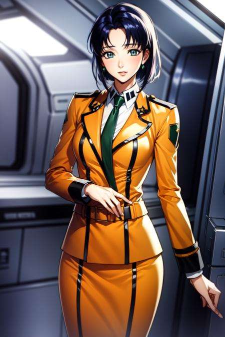 cecile croomy, (cowboy shot:1.2),solo, 1girl, (masterpiece, best quality, ultra-detailed), (realistic:1.4), (beautiful detailed face, beautiful detailed eyes, volumetric lighting),(short hair, sidelocks, ears visible through hair), blush, grey eyes, bare legslight brown military uniform, light brown pencil skirt, green necktie, mksks style, beautiful background, spacecraft interior,