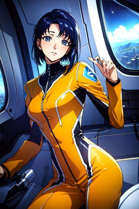 cecile croomy,solo, 1girl,(masterpiece, best quality, ultra-detailed), (realistic:1.4), (beautiful detailed face, beautiful detailed eyes, volumetric lighting),(short hair, sidelocks, ears visible through hair), blush, grey eyes,pilot suit, bodysuit, yellow dress,mksks style, beautiful background, spacecraft interior,