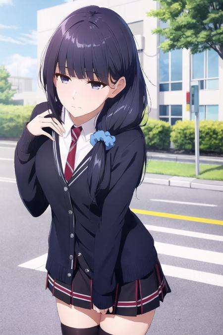 masterpiece, best quality, hdr, realistic, chromatic aberration,gundou misuzu, teenage, from below, expressionless, empty eyes, messy hair, (hair strand:1.3), blue scrunchie, black skirt, black socks, v-neck, red necktie, blue cardigan, 1girl, solo,mksks style, detailed background, outdoors