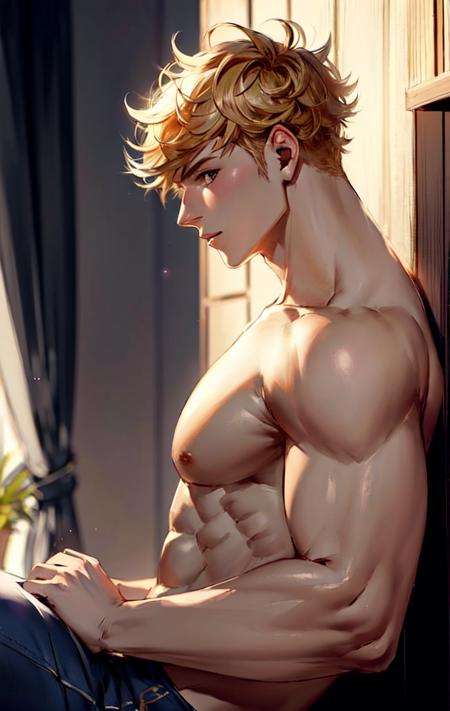 1boy, vane \(granblue fantasy\), nude(masterpiece, best quality, ultra-detailed, best shadow, volumetric lighting),muscular male, muscular, bare pectorals, from side, solo,