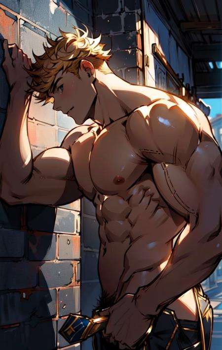 1boy, vane \(granblue fantasy\), nude, erection, male pubic hair, (masterpiece, best quality, ultra-detailed, best shadow, volumetric lighting),muscular male, muscular, solo,