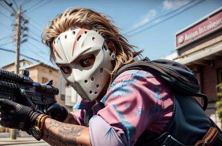 miami darryl,m4a1, rifle, trigger discipline, aiming, (from side:1.2), holding gun, (masterpiece, best quality, ultra-detailed, best shadow, volumetric lighting), (beautiful detailed face, beautiful detailed eyes), (best illumination),1boy, blonde hair, building, jacket, solo, mask on head, pink shirt, hawaiian shirt, bulletproof vest, floral print,outdoors,