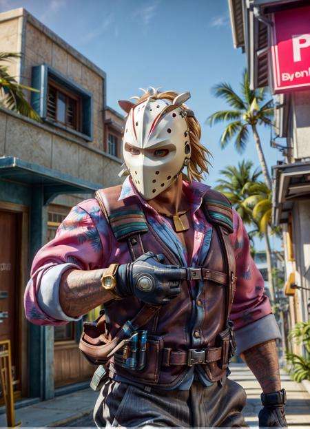 miami darryl, firing, dynamic pose,(masterpiece, best quality, ultra-detailed, best shadow, volumetric lighting), (beautiful detailed face, beautiful detailed eyes), (best illumination),1boy, blonde hair, building, jacket, solo, mask on head, pink shirt, hawaiian shirt, bulletproof vest, floral print,outdoors,