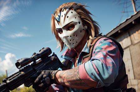 miami darryl,m4a1, rifle, trigger discipline, aiming, (from side:1.2), holding gun, (masterpiece, best quality, ultra-detailed, best shadow, volumetric lighting), (beautiful detailed face, beautiful detailed eyes), (best illumination),1boy, blonde hair, building, jacket, solo, mask on head, pink shirt, hawaiian shirt, bulletproof vest, floral print,outdoors,