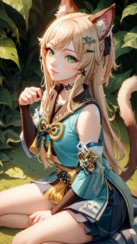 kirara /(genshin impact/), 1girl, Sitting, sick,animal ears, bell, blush, cat paws, cat tail, detached sleeves, green eyes, hair ornament, long hair, paw_shoes, sitting, solo, multiple tails, x hair ornament, (extremely detailed CG unity 8k wallpaper, masterpiece, best quality, ultra-detailed, best shadow, volumetric lighting), (beautiful detailed face, beautiful detailed eyes), High contrast, high saturation, (best illumination, an extremely delicate and beautiful),mksks style, beautiful background, tropical forest, fire station, day,