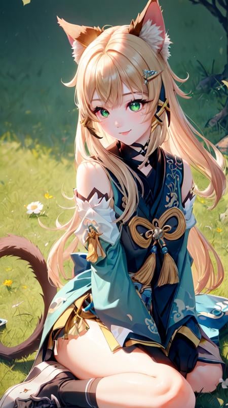 kirara /(genshin impact/), 1girl, Close-up, amused,animal ears, bell, blush, cat ears, cat paws, cat tail, detached sleeves, green eyes, hair ornament, long hair, paw_shoes, sitting, solo, multiple tails, (extremely detailed CG unity 8k wallpaper, masterpiece, best quality, ultra-detailed, best shadow, volumetric lighting), (beautiful detailed face, beautiful detailed eyes), High contrast, high saturation, (best illumination, an extremely delicate and beautiful),mksks style, beautiful background, temperate steppe, cathedral, day,