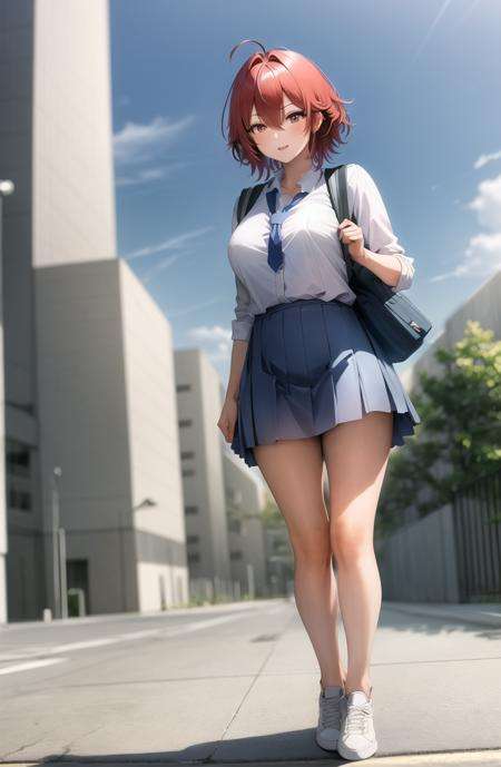 masterpiece, best quality, hdr, realistic, chromatic aberration, aizawa tomo, 1girl, full body, intense angle, foreshortening, tsundere,bangs, blush, fang, hair between eyes, messy hair, red eyes, red hair, short hair, medium breast, backpack, bag, blue skirt, , handbag,  shirt, shoes, skirt, sneakers, solo, standing, white footwear,mksts style, detailed background, outdoor,