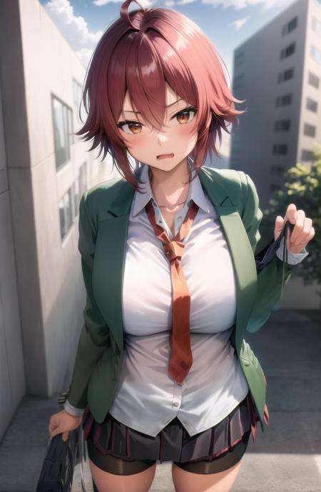 masterpiece, best quality, hdr, realistic, chromatic aberration, aizawa tomo, 1girl, full body, intense angle, foreshortening, tsundere,bangs, blush, fang, hair between eyes, messy hair, red eyes, red hair, short hair, medium breast, (black skirt, pleated skirt, shorts under skirt:1.4), blazer, (green jacket:1.2), necktie, open clothes, school uniform, white shirtmksts style, detailed background, outdoor,