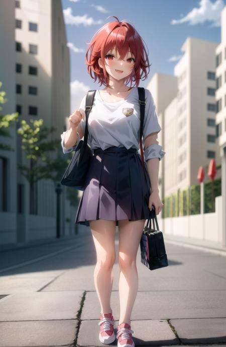 masterpiece, best quality, hdr, realistic, chromatic aberration, aizawa tomo, 1girl, full body, tsundere, bangs, blush, shy, fang, hair between eyes, red eyes, red hair, short hair, medium breast, hair handbackpack, bag, blue skirt, yellow handbag, sneakers, standing, white footwear,mksts style, detailed background, outdoor, shopping, 