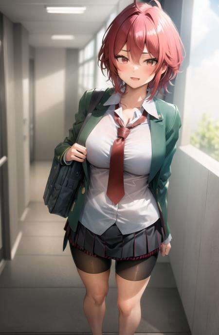 masterpiece, best quality, hdr, realistic, chromatic aberration, aizawa tomo, 1girl, full body, intense angle, foreshortening, bangs, blush, fang, hair between eyes, messy hair, red eyes, red hair, short hair, medium breast, (black skirt, pleated skirt, shorts under skirt:1.4), blazer, (green jacket:1.2), necktie, open clothes, school uniform, white shirtmksts style, school, indoor, hallway, detailed background, 