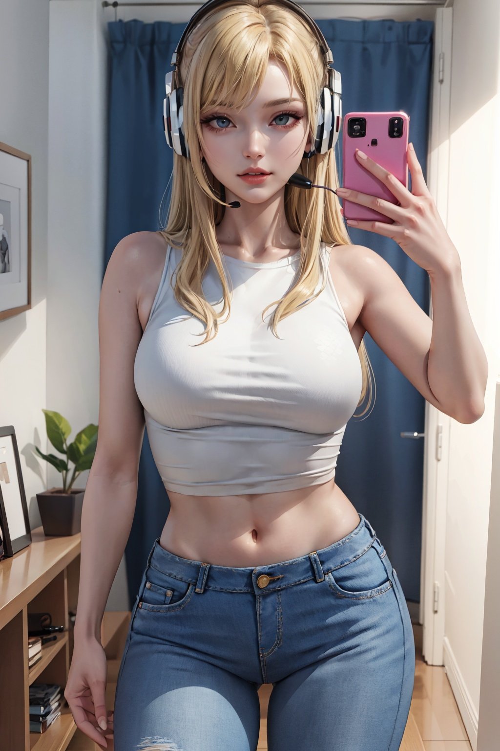 (masterpiece:1.2, best quality), 1lady, solo, headphones, long hair, blonde, cropped white shirt, low waist jeans, in room, open collabone, sleeveless, Mirror selfie, shiny skin