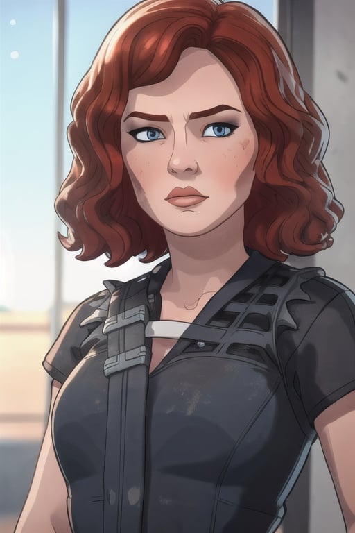 whatif style, (8k, RAW photo, best quality, masterpiece:1.2), perfect eyes, perfect face, perfect lighting, beautiful, (masterpiece:1.2), (best quality:1.2), 1woman, mature, flat shaded style animation, solo, serious face, look at viewer, redhead, short hair, wavy hair, <lora:blackwidowWI-10:0.75>, blue eyes, extremely dirty face