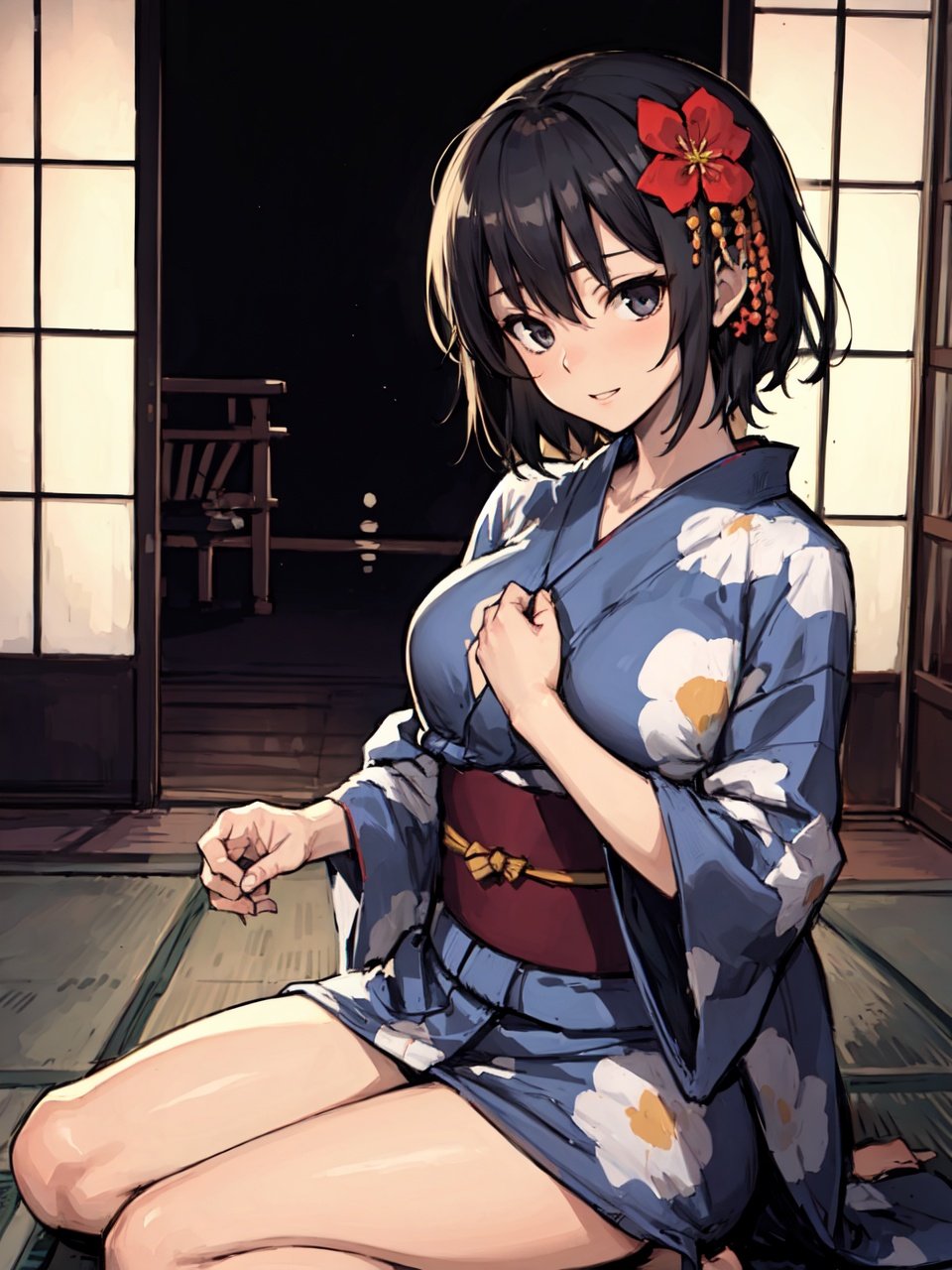 ((masterpiece:1.2, best quality)), 1milf, solo, (yukata, seduce), black hair, short hair, traditional house
