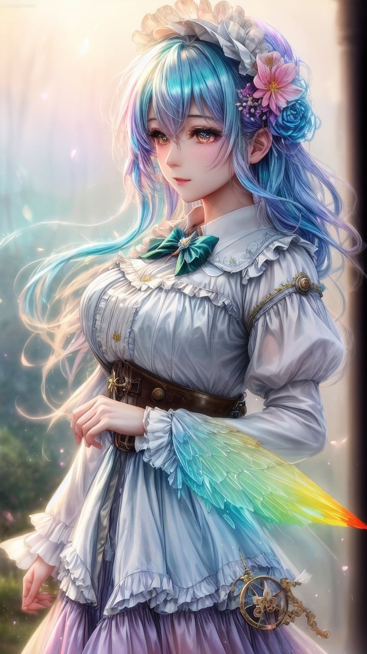 fine art masterclass splash spray trickle daubs of rainbow opaline Prisma Sakuraoil color,Steampunk celestial ethereal ghostly Fairy, HDR, ultra high-detail, centered, bokeh, lens flare, foggy dusk, bloom, light bloom, cinematic lighting, high dynamic range, depth of field, full pose <lora:more_details:0.4> <lora:add_detail:0.6>