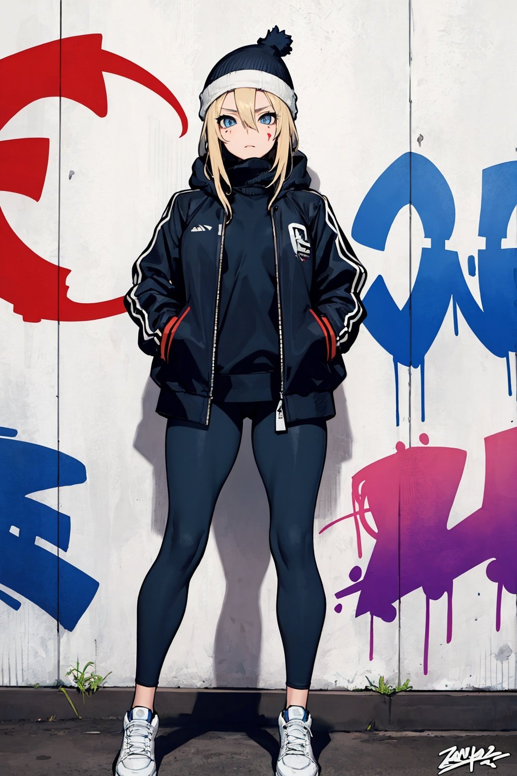 (masterpiece:1.2, best quality), (graffiti wall:1.15), 1lady, beanie, jacket, Leggings, blue eyes, fullbody