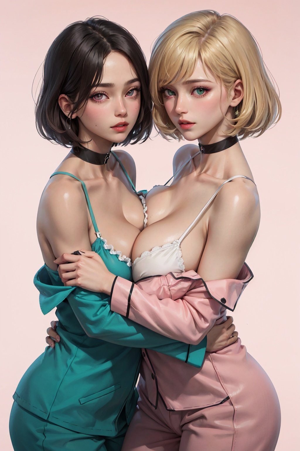 (masterpiece:1.2, best quality), (Soft light), (shiny skin), 2girls, off shoulders, between breasts, blonde hair, breast hold, breasts, choker, cleavage, collarbone, pajamas, green eyes, huge tits, short hair, looking at viewer, multiple girls, pink background, pink eyes, facing breasts,