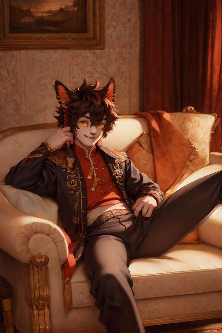 (by honovy, by personalami, by patto), aak (arknights), felid, safe, amulet, anthro, asian clothing, bottomwear, braided hair, clothing, ear piercing, ear ring, east asian clothing, furniture, hair, inside, lying on sofa, male, on sofa, pants, piercing, ring piercing, smile, sofa, solo, yellow sclera