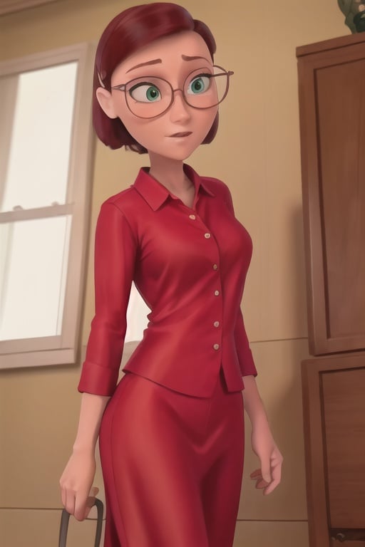 (8k, RAW photo, best quality, masterpiece:1.2), (intricate details), perfect eyes, perfect face, perfect lighting, beautiful, (masterpiece:1.2), (best quality:1.2), 1girl, disney style, pixar style, lindagunderson, solo, green eyes, short hair, glasses, <lora:lindagunderson-06:0.75>