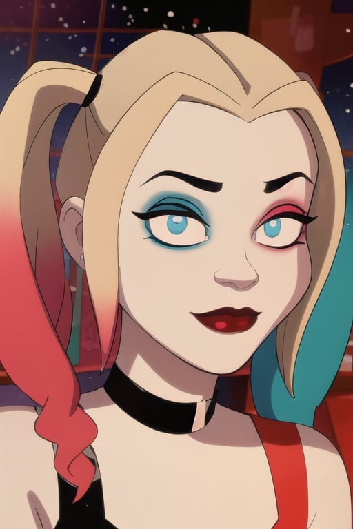 (8k, RAW photo, best quality, masterpiece:1.2), (intricate details), (best quality), (highres), ((perfect eyes)), perfect face, perfect lighting, vivid colors, intense colors, 1girl, cartoon style, harleyquinn, <lora:harleyquinn:0.85>