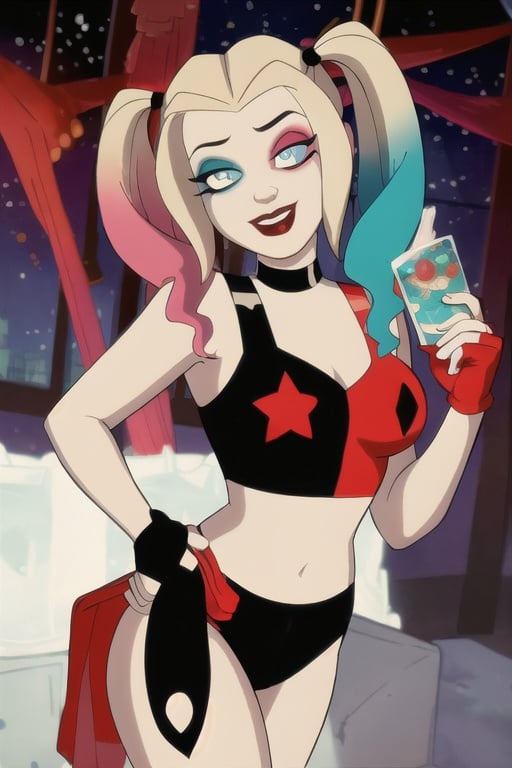 (8k, RAW photo, best quality, masterpiece:1.2), (intricate details), (best quality), (highres), ((perfect eyes)), perfect face, perfect lighting, vivid colors, intense colors, 1girl, cartoon style, harleyquinn, triangular cheek, full body, <lora:harleyquinn:0.85>