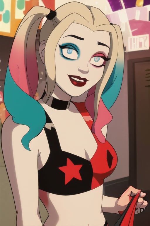 (8k, RAW photo, best quality, masterpiece:1.2), (intricate details), (best quality), (highres), ((perfect eyes)), perfect face, perfect lighting, vivid colors, intense colors, 1girl, cartoon style, harleyquinn, <lora:harleyquinn:0.85>