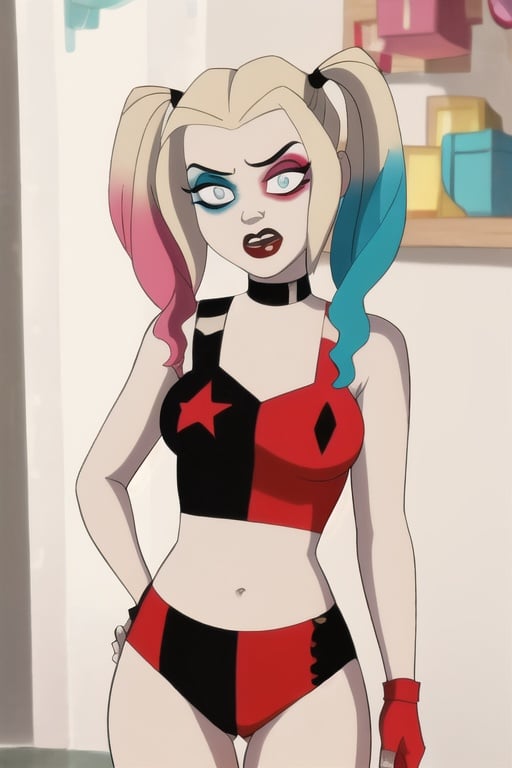 (8k, RAW photo, best quality, masterpiece:1.2), (intricate details), (best quality), (highres), ((perfect eyes)), perfect face, perfect lighting, vivid colors, intense colors, 1girl, cartoon style, harleyquinn, angry face, <lora:harleyquinn:0.85>