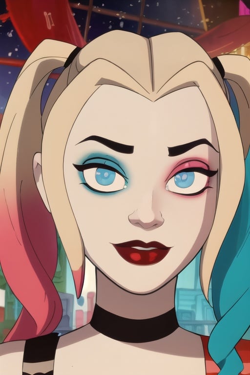 (8k, RAW photo, best quality, masterpiece:1.2), (intricate details), (best quality), (highres), ((perfect eyes)), perfect face, perfect lighting, vivid colors, intense colors, 1girl, cartoon style, harleyquinn, triangular cheek, <lora:harleyquinn:0.85>