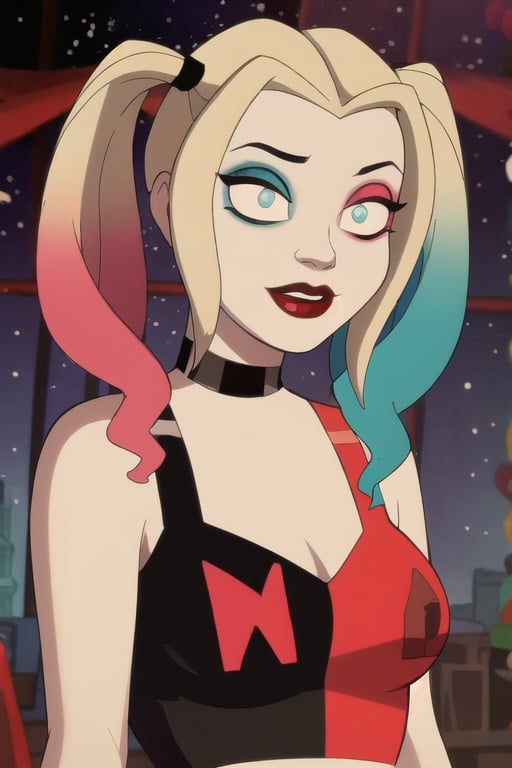 (8k, RAW photo, best quality, masterpiece:1.2), (intricate details), (best quality), (highres), ((perfect eyes)), perfect face, perfect lighting, vivid colors, intense colors, 1girl, cartoon style, harleyquinn, triangular cheek, <lora:harleyquinn:0.85>
