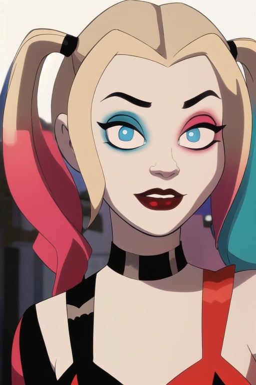 (8k, RAW photo, best quality, masterpiece:1.2), (intricate details), (best quality), (highres), ((perfect eyes)), perfect face, perfect lighting, vivid colors, intense colors, 1girl, cartoon style, harleyquinn, <lora:harleyquinn:0.85>