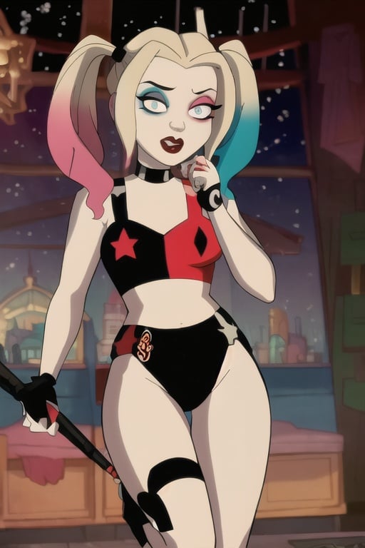 (8k, RAW photo, best quality, masterpiece:1.2), (intricate details), (best quality), (highres), ((perfect eyes)), perfect face, perfect lighting, vivid colors, intense colors, 1girl, cartoon style, harleyquinn, triangular cheek, full body, <lora:harleyquinn:0.85>