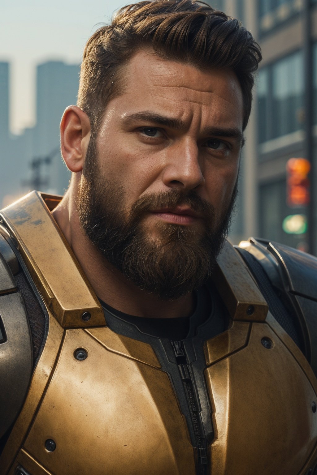 Portrait photo of muscular bearded guy in a worn mech suit, ((light bokeh)), intricate, (steel metal [rust]), elegant, sharp focus, photo by greg rutkowski, soft lighting, vibrant colors, (masterpiece), ((streets)), (detailed face)+, eye iris