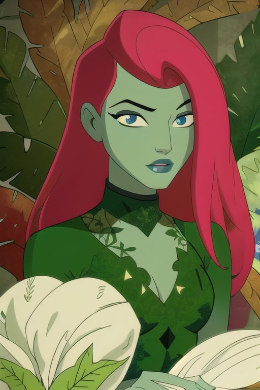 (8k, RAW photo, best quality, masterpiece:1.2), (intricate details), (best quality), (highres), ((perfect eyes)), perfect face, perfect lighting, vivid colors, intense colors, 1girl, cartoon style, poisonivy, <lora:poisonivy:0.85>, solo, 