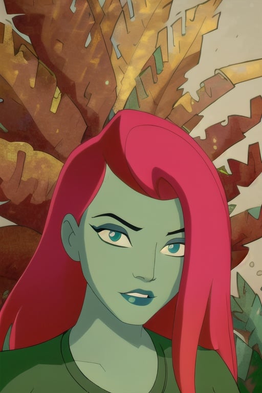 (8k, RAW photo, best quality, masterpiece:1.2), (intricate details), (best quality), (highres), ((perfect eyes)), perfect face, perfect lighting, vivid colors, intense colors, 1girl, cartoon style, poisonivy, <lora:poisonivy:1>, solo,