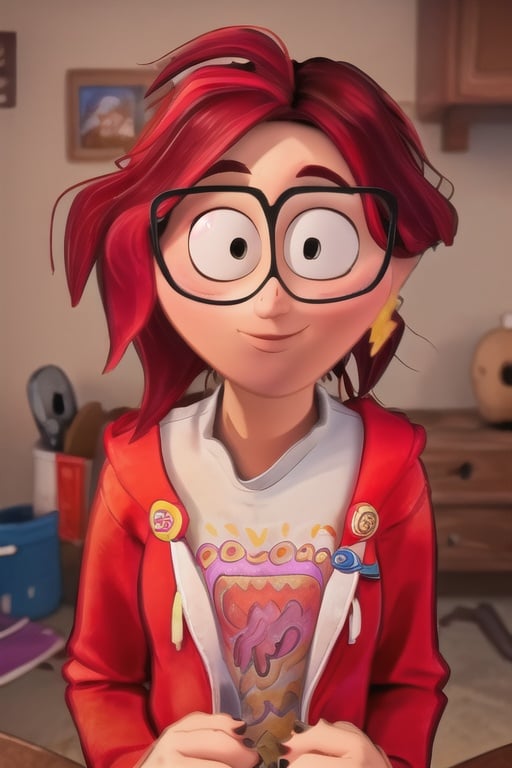 (8k, RAW photo, best quality, masterpiece:1.2), (intricate details), (best quality), (highres), ((perfect eyes)), perfect face, perfect lighting, vivid colors, intense colors, 1girl, cartoon style, katiemitchell, glasses, redhead, <lora:katiemitchell:0.85>