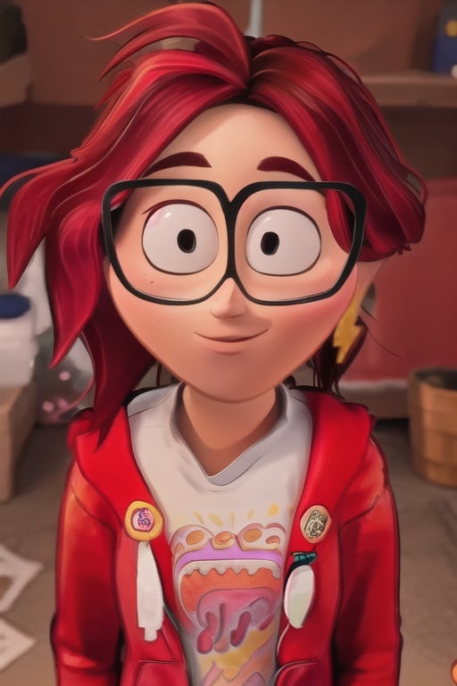 (8k, RAW photo, best quality, masterpiece:1.2), (intricate details), (best quality), (highres), ((perfect eyes)), perfect face, perfect lighting, vivid colors, intense colors, 1girl, cartoon style, katiemitchell, glasses, redhead, <lora:katiemitchell:0.85>