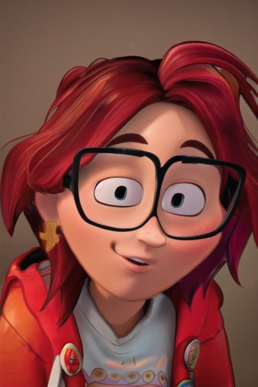 (8k, RAW photo, best quality, masterpiece:1.2), (intricate details), (best quality), (highres), ((perfect eyes)), perfect face, perfect lighting, vivid colors, intense colors, 1girl, cartoon style, katiemitchell, glasses, redhead, <lora:katiemitchell:0.85>