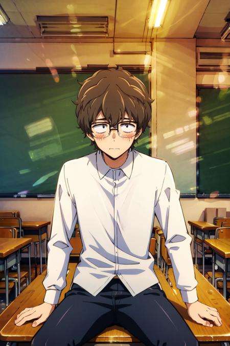 absurdres, highres, best quality, <lora:naoto:1> hachiouji naoto, 1boy, glasses, sitting, classroom, blush, white shirt, writing, school desk, table, 