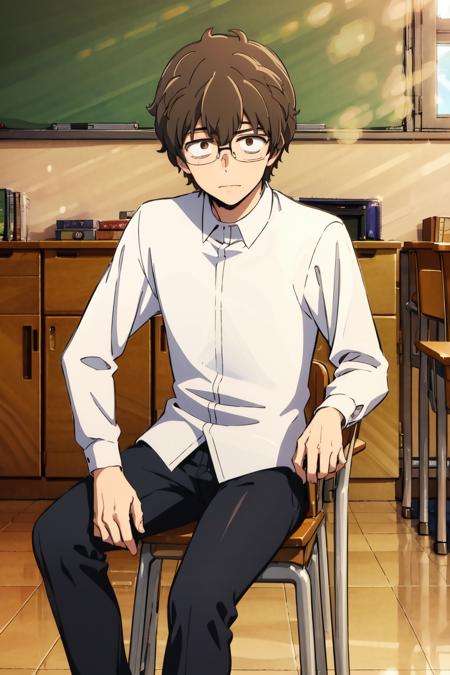 absurdres, highres, best quality, <lora:naoto:1> hachiouji naoto, 1boy, glasses, sitting, classroom, white shirt, writing, school desk, table, brown eyes, 