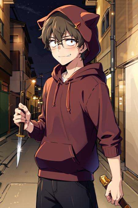 absurdres, highres, best quality, <lora:naoto:1> hachiouji naoto, 1boy, glasses, smug, hoodie, hood up, holding weapon, night, alley, holding knife, 